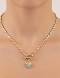 Anti-Tarnish AD-Studded Heart Charm with T-Lock Necklace